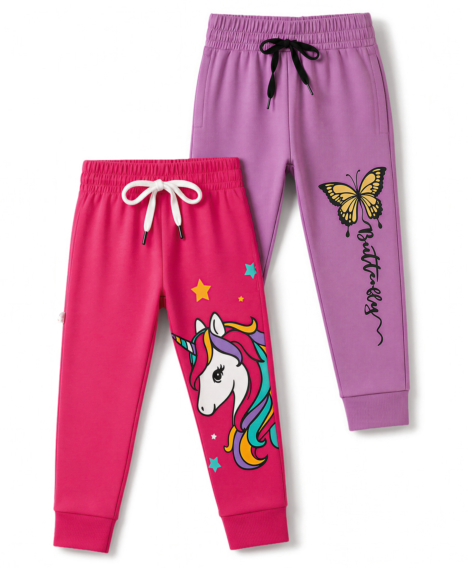 Trampoline Cotton Blend Knit Full Length Unicorn & Butterfly Printed Lounge Pants Pack Of 2 - Lilac & Dark Pink-image-27