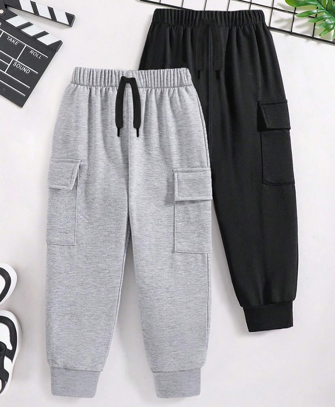 Trampoline Cotton Blend Knit Full Length Solid Cargo Joggers Pack Of 2 - Grey & Black-image-6