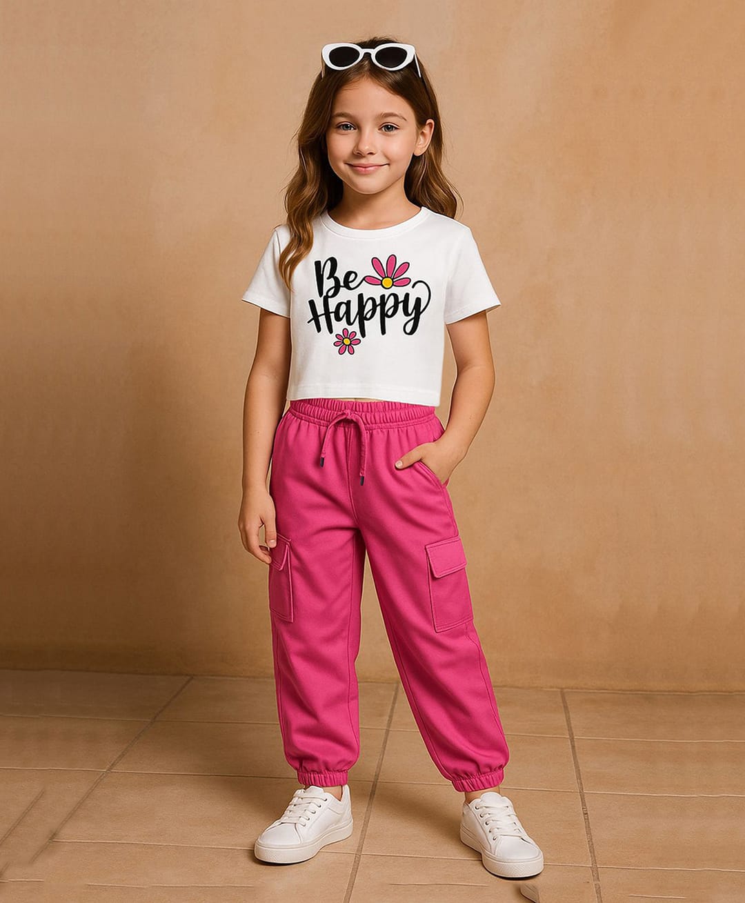 Trampoline Knit Half Sleeves Be Happy Print Crop Top & Solid Cotton Terry Loop Cargo Jogger Set - White & Pink-picture-24