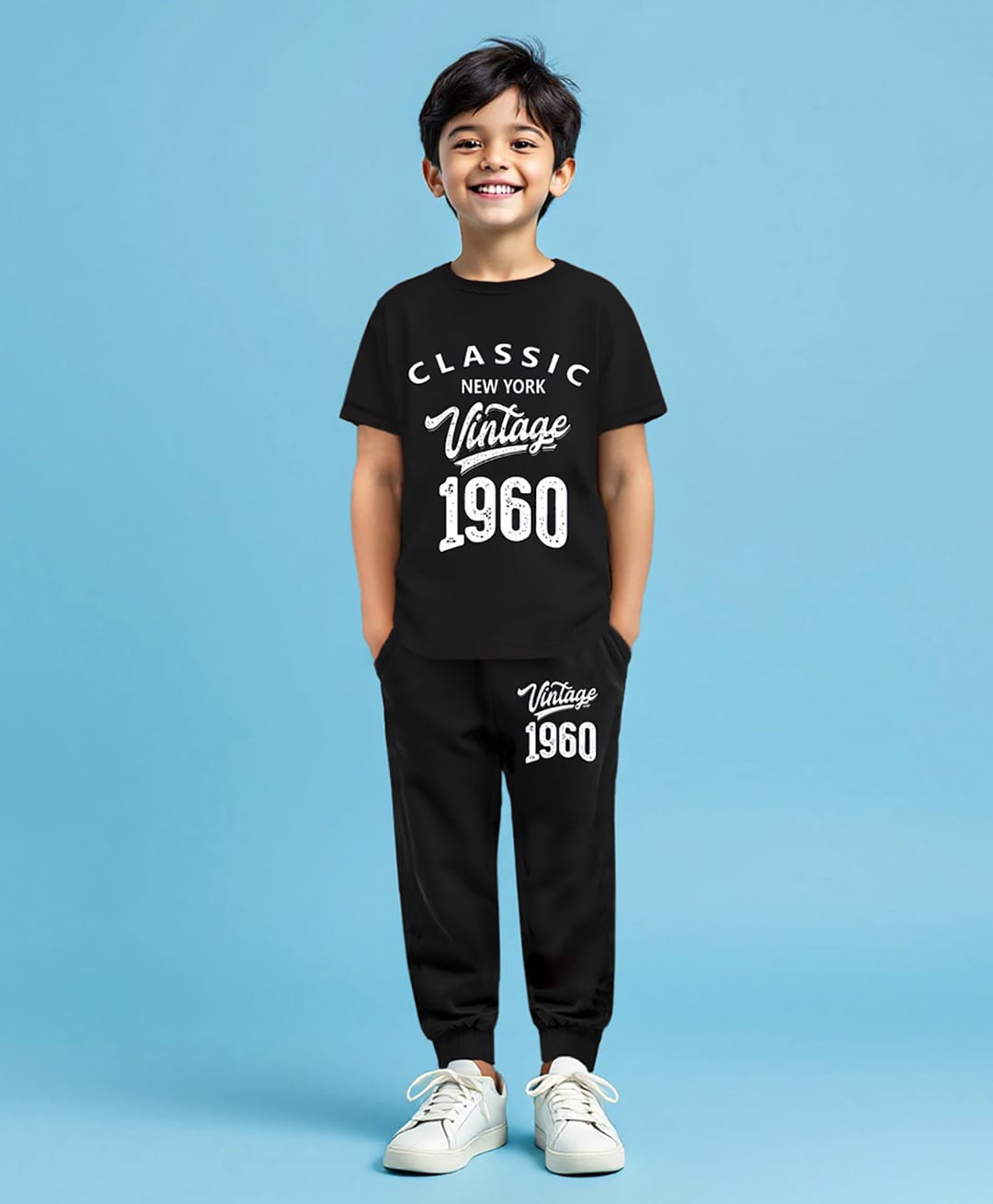 Trampoline Knit Half Sleeves Text Printed Tee & Track Pants Set - Black-picture-11