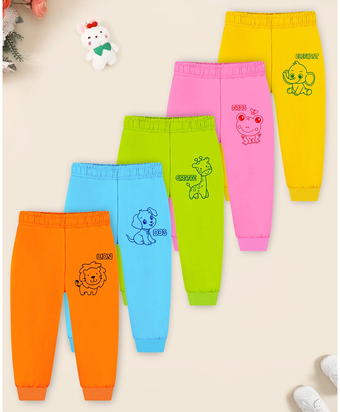 Trampoline Cotton Blend Knit Full Length Animals Printed Pajamas Pack Of 5 - Light Blue Yellow & Orange-image-47