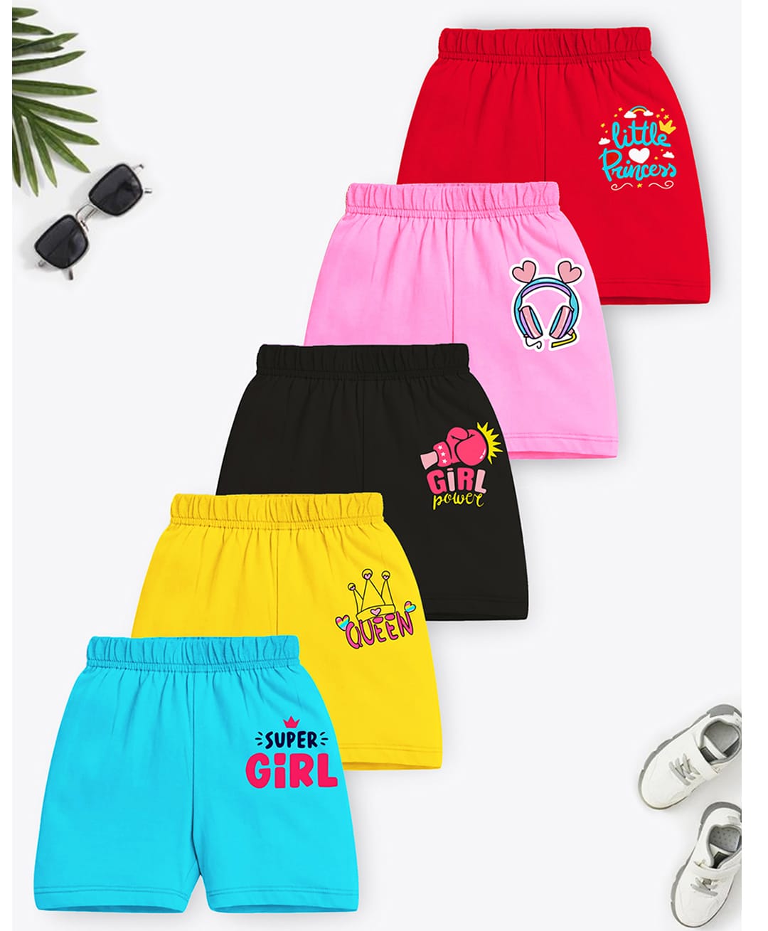 Trampoline Cotton Blend Knit Queen & Girl Power Printed Shorts Pack Of 5 - Red Pink & Yellow-picture-21