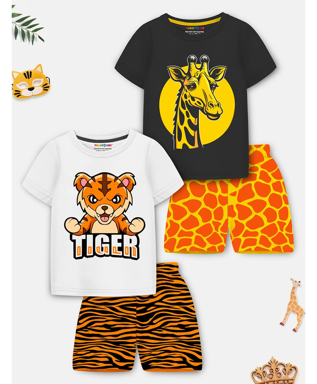 Trampoline Knit Half Sleeves Tiger & Giraffe Printed T-Shirt & Shorts Set Pack of 2 - White & Black-picture-16