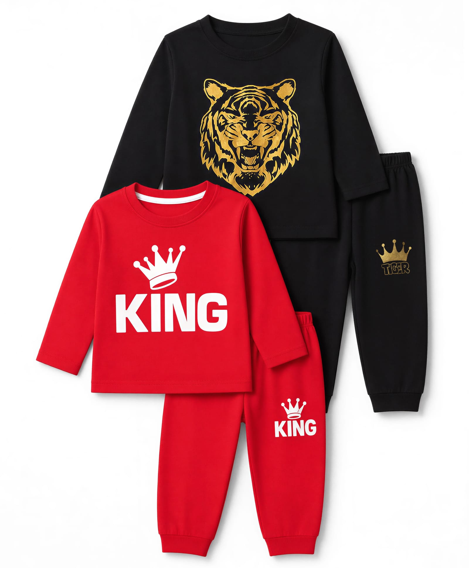 Trampoline Cotton Blend Knit Full Sleeves Tiger & KIng Printed T-Shirts & Pyjamas Night Suits Pack Of 2 - Red & Black-picture-34