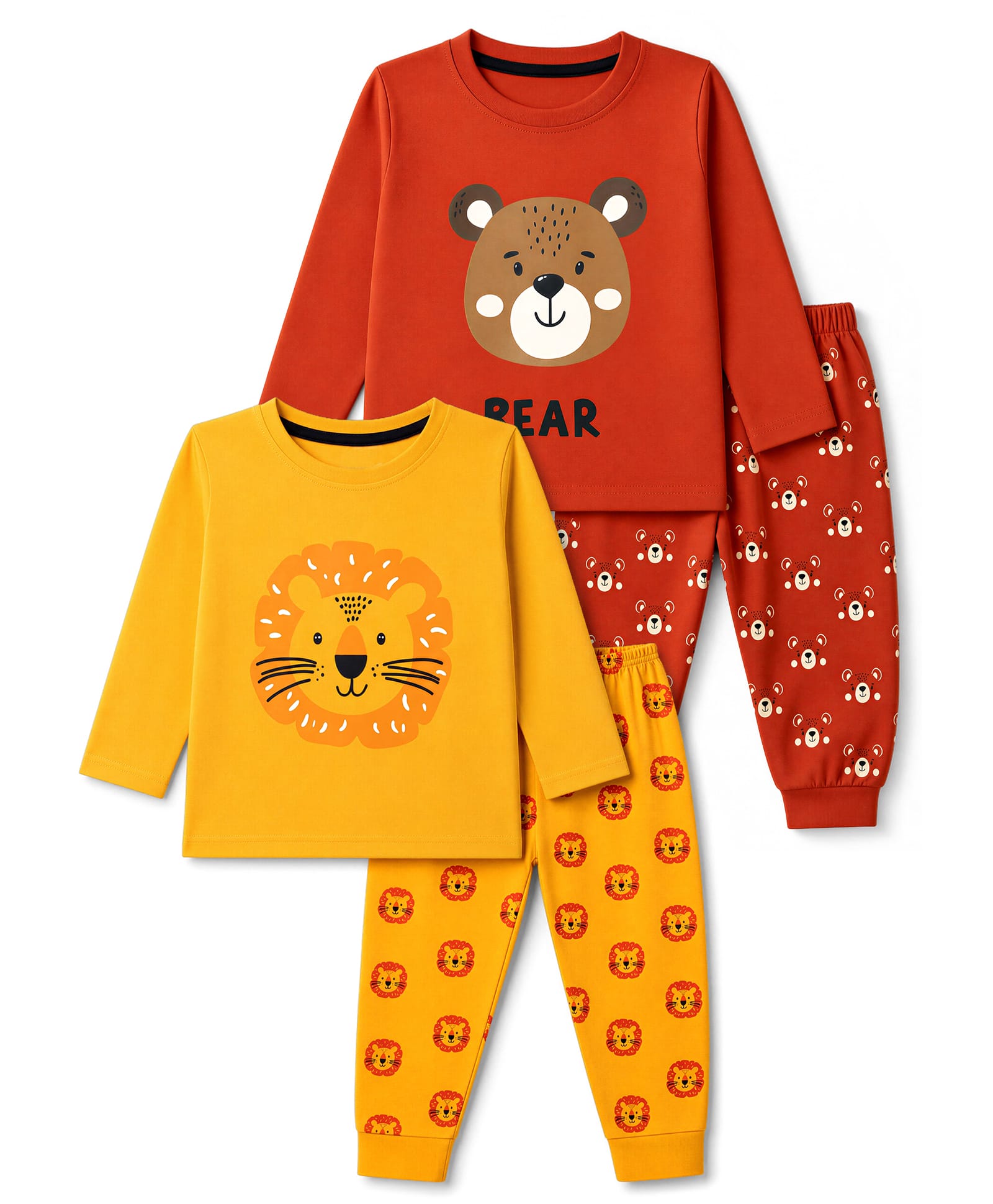 Trampoline Cotton Blend Knit Full Sleeves Lion & Bear Printed T-Shirts & Pyjamas Night Suits Pack Of 2 - Red & Mustard Yellow-picture-32