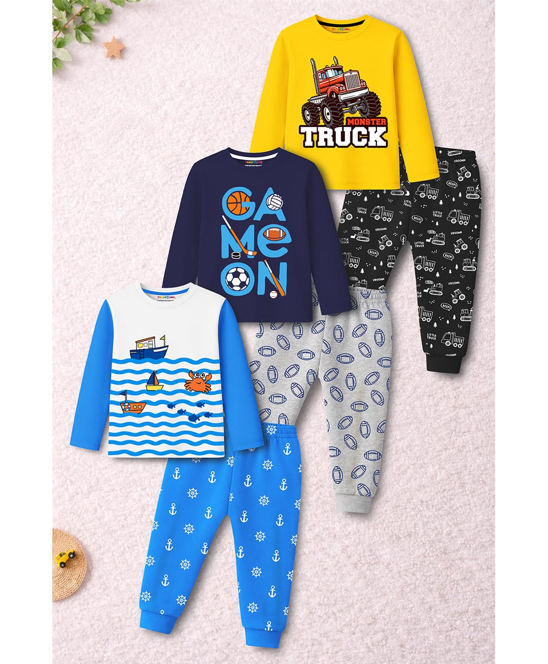 Trampoline Cotton Blend Knit Full Sleeves Under Water & Truck Printed T-Shirts & Pyjamas Night Suits Pack Of 3 - Blue & Yellow-picture-33