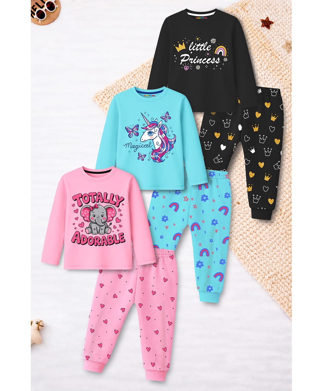 Trampoline Cotton Blend Knit Full Sleeves Unicorn & Little Princess Text Printed T-Shirts & Pyjamas Night Suits Pack Of 3 - Blue & Pink-picture-29