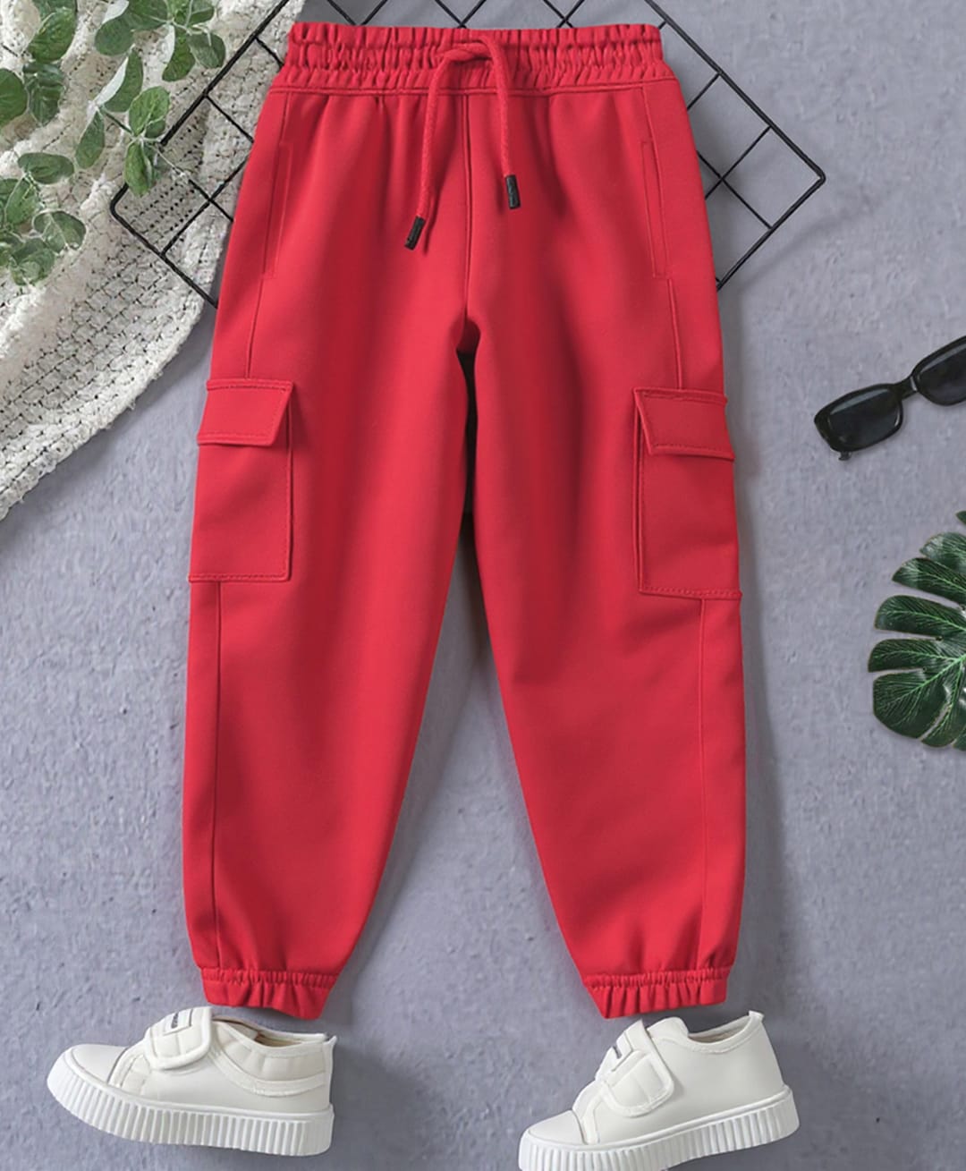 Trampoline Cotton Knit Terry Full Length Solid Cargo Joggers - Red-picture-28
