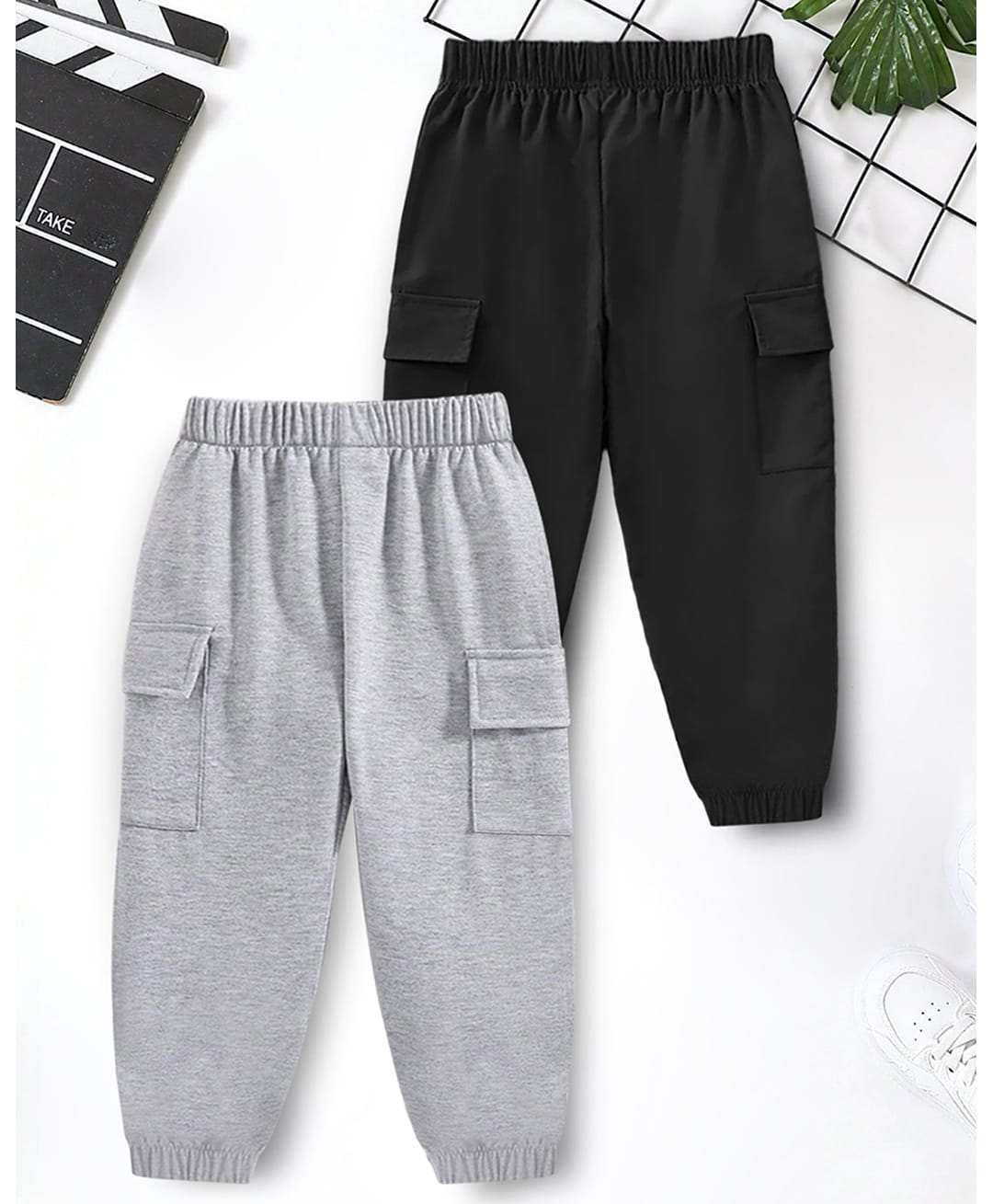 Trampoline Cotton Blend Knit Full Length Solid Cargo Joggers Pack Of 2 - Black & Grey-image-8