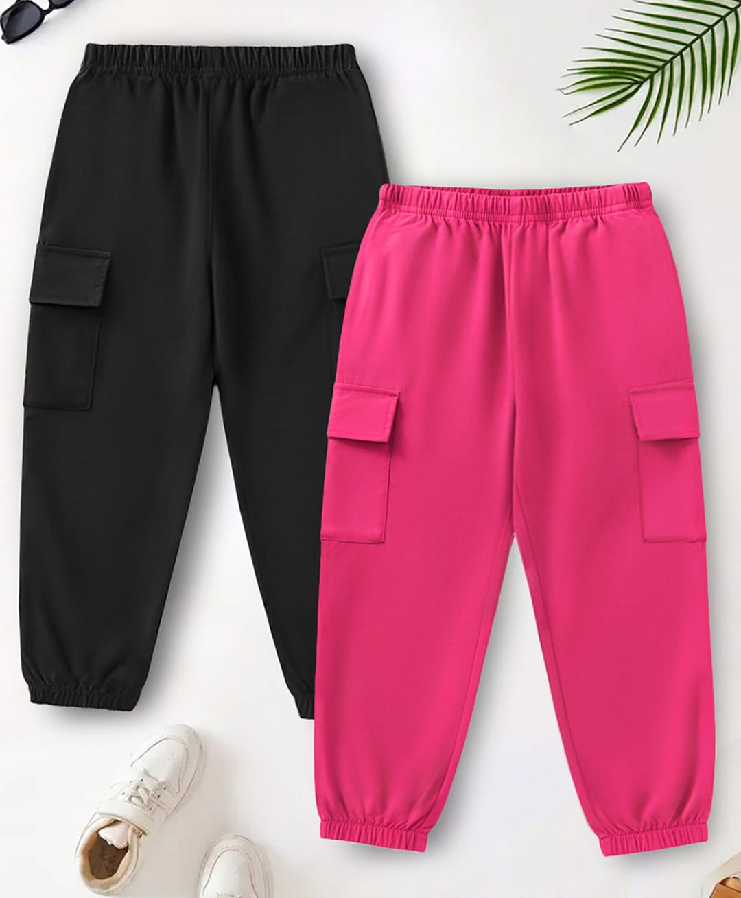 Trampoline Cotton Blend Knit Full Length Solid Cargo Joggers Pack Of 2 - Black & Dark Pink-picture-22