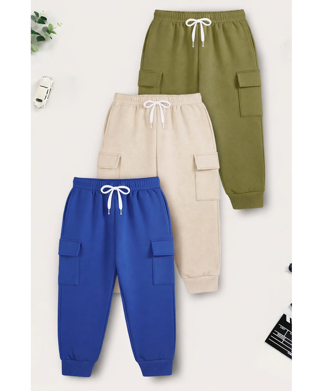 Trampoline Cotton Blend Knit Full Length Solid Cargo Joggers Pack Of 3 - Olive Green Beige & Blue-picture-35