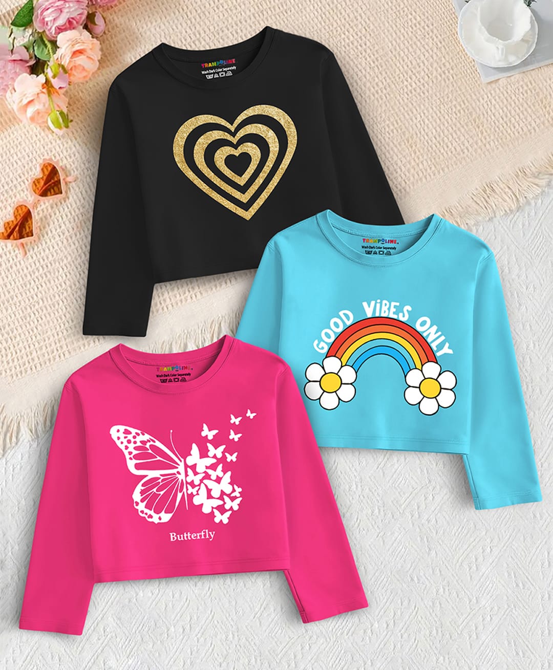 Trampoline Cotton Blend Knit Full Sleeves Crop Tops with Heart, Rainbow & Butterfly Print Pack of 3 - Pink, Black and Blue-picture-38