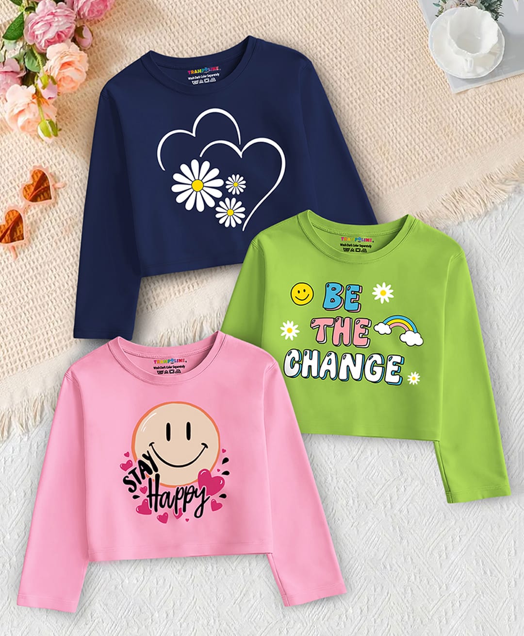 Trampoline Cotton Blend Knit Full Sleeves Crop Tops with Floral, Heart & Text Print Pack of 3 - Navy Blue, Green, Pink-picture-36