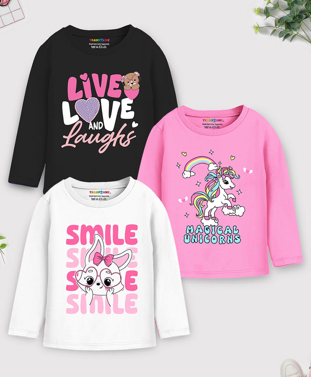 Trampoline Cotton Blend Knit Full Sleeves T-Shirts with Text & Unicorn Print Pack of 3 - Pink, Black & White-picture-35