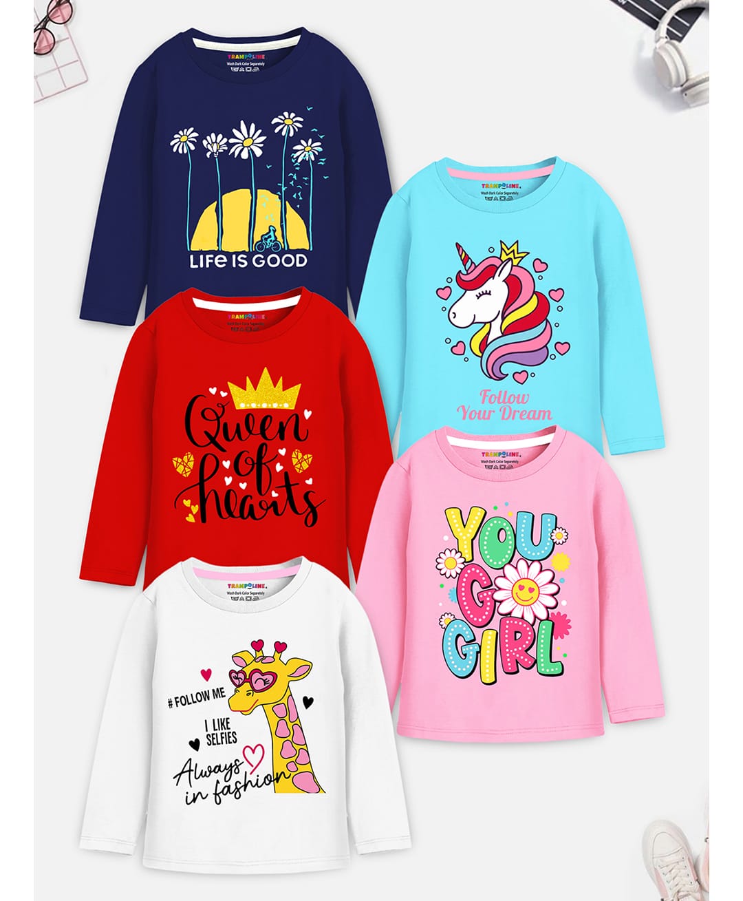 Trampoline Cotton Blend Knit Full Sleeves T-Shirts with Floral, Animal & Text Print Pack of 5 - Blue, Navy Blue, Red, Pink & White-picture-18