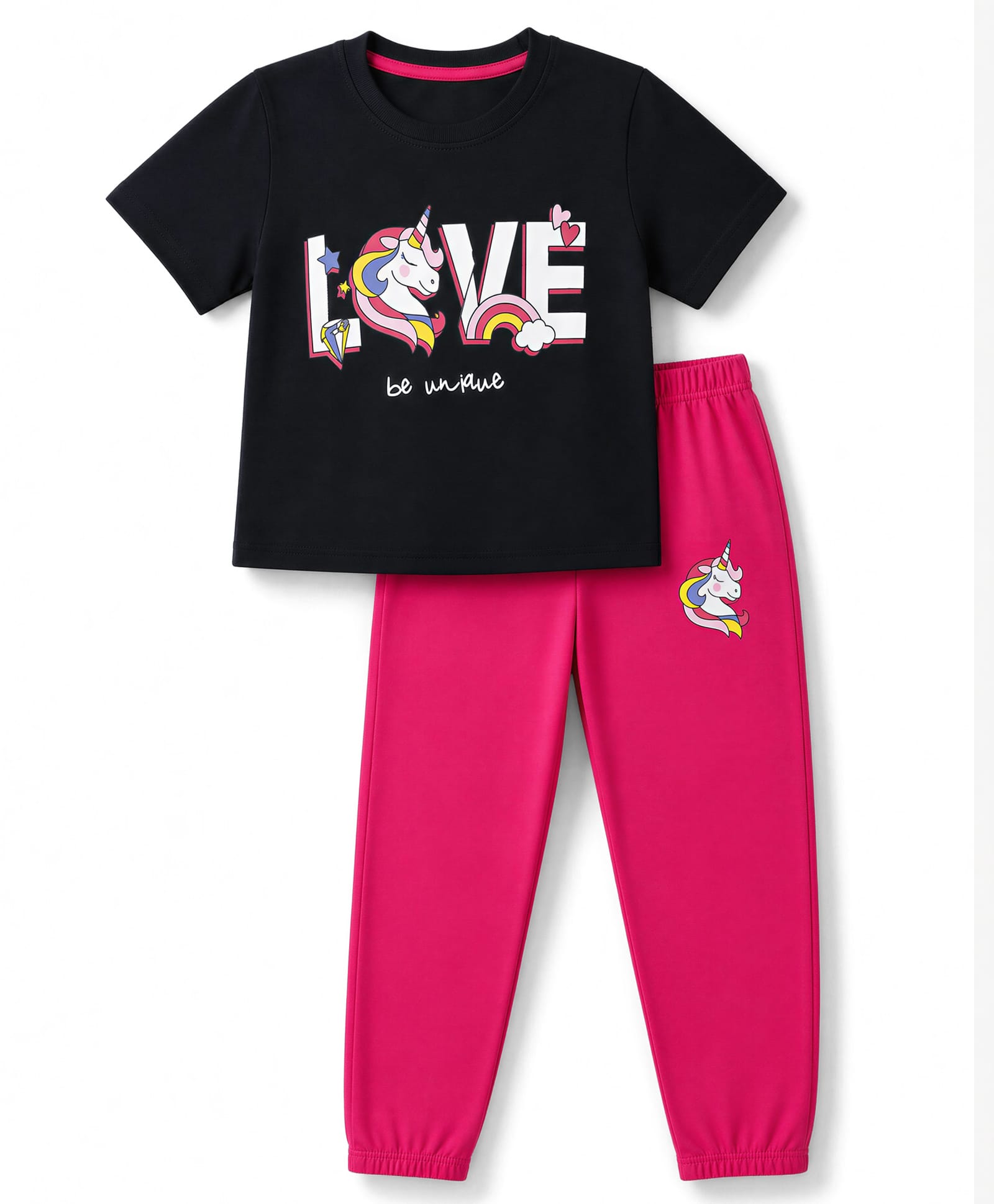 Trampoline Knit Half Sleeves Text & Unicorn Printed Crop Top & Track Pant Set - Black & Dark Pink-picture-21