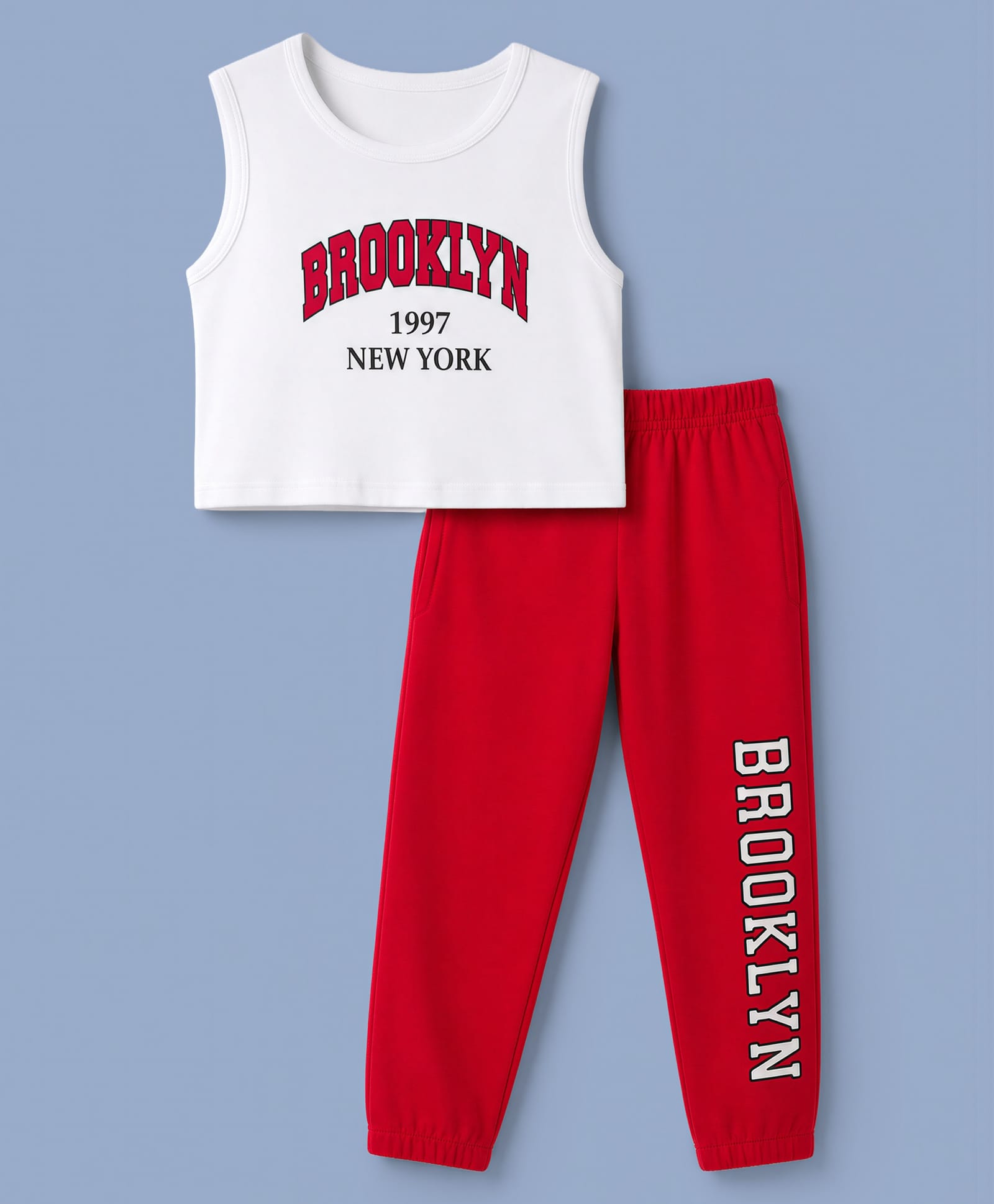 Trampoline Knit Sleeveless Text Printed Crop Top & Track Pant Set - White & Pink-image-14