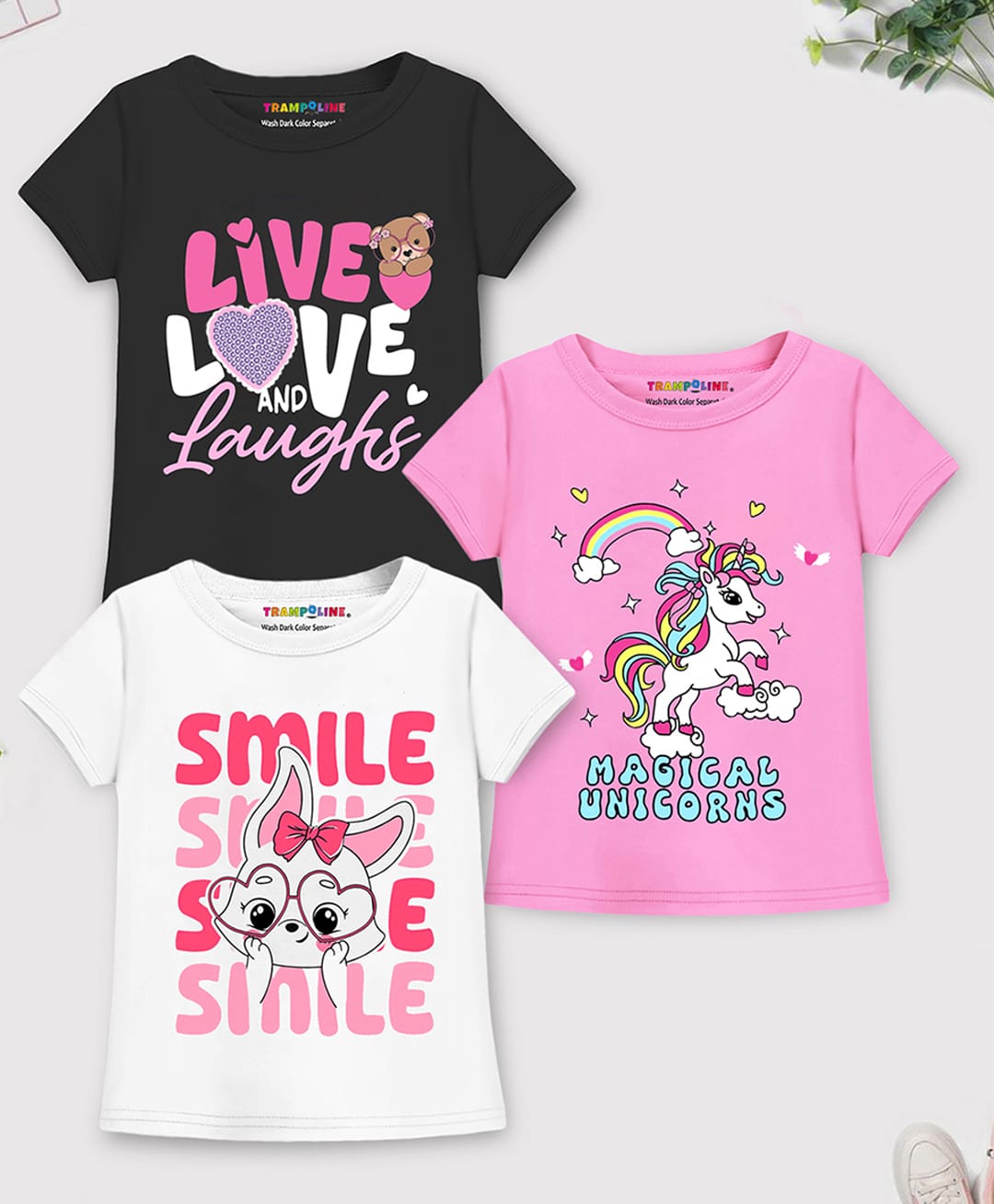 Trampoline Cotton Blend Knit Half Sleeves T-Shirts with Magical Unicorn and Text Print Pack of 3 - Black, Pink & White-image-11