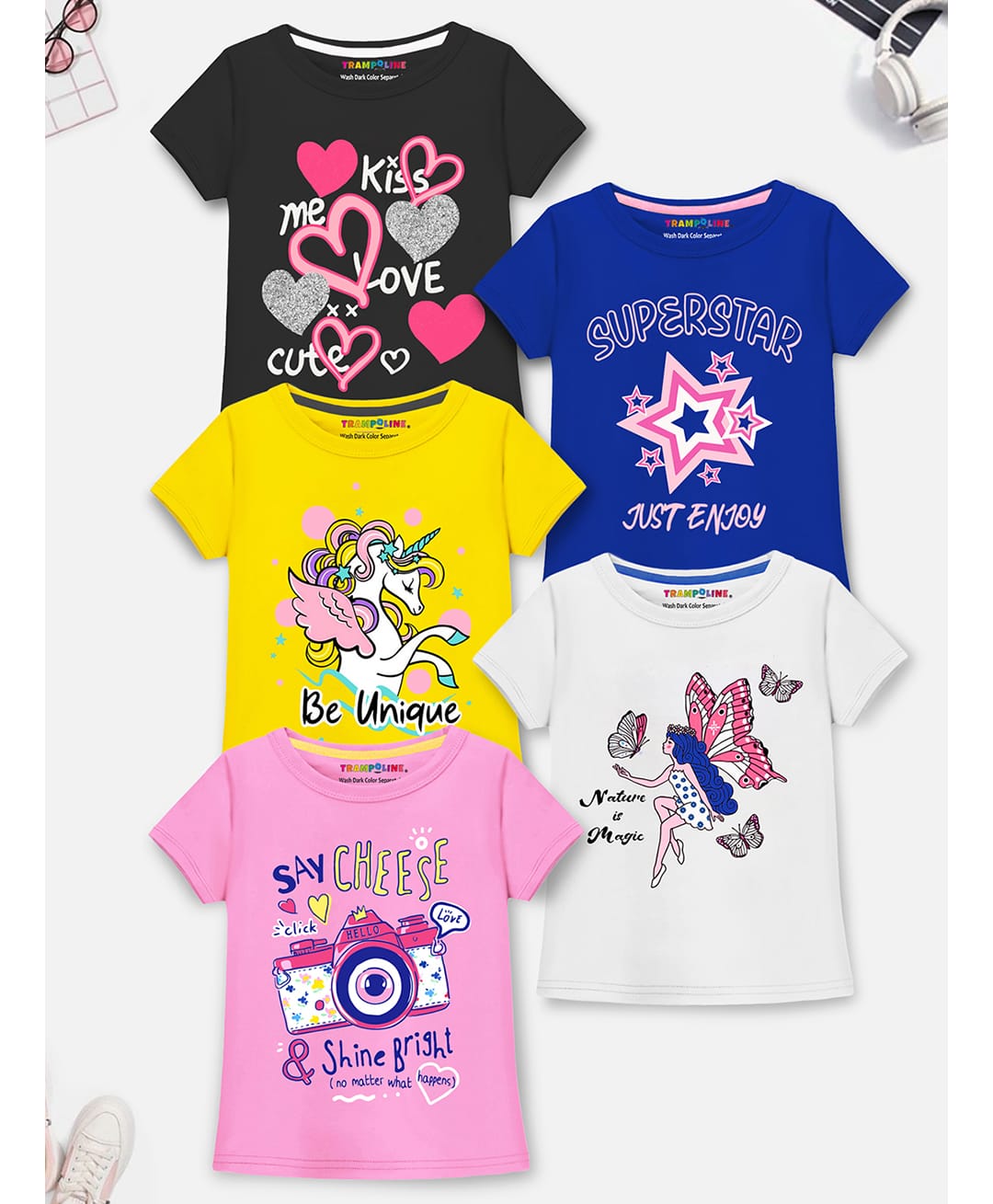 Trampoline Cotton Blend Knit Half Sleeves T-Shirts with Heart, Star, Unicorn & Fairy Print Pack of 5 - Black, Blue, Yellow, White & Pink-picture-19
