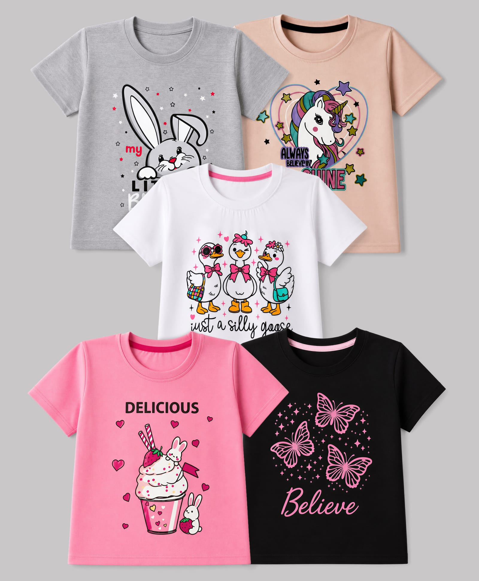 Trampoline Cotton Blend Knit Half Sleeves T-Shirts with Bunny & Unicorn Print Pack of 5 - Black, Pink, Grey, cream & White-image-7