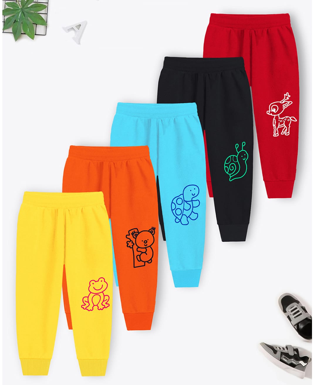Trampoline Cotton Blend Knit Full Length Animal Printed Pajamas Pack Of 5 - Light Blue Red & Orange-image-23