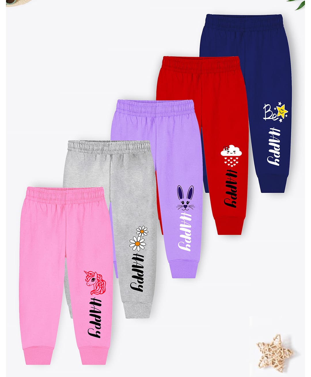 Trampoline Cotton Blend Knit Full Length Happy Printed Pajamas Pack Of 5 - Red Pink & Lilac-image-48