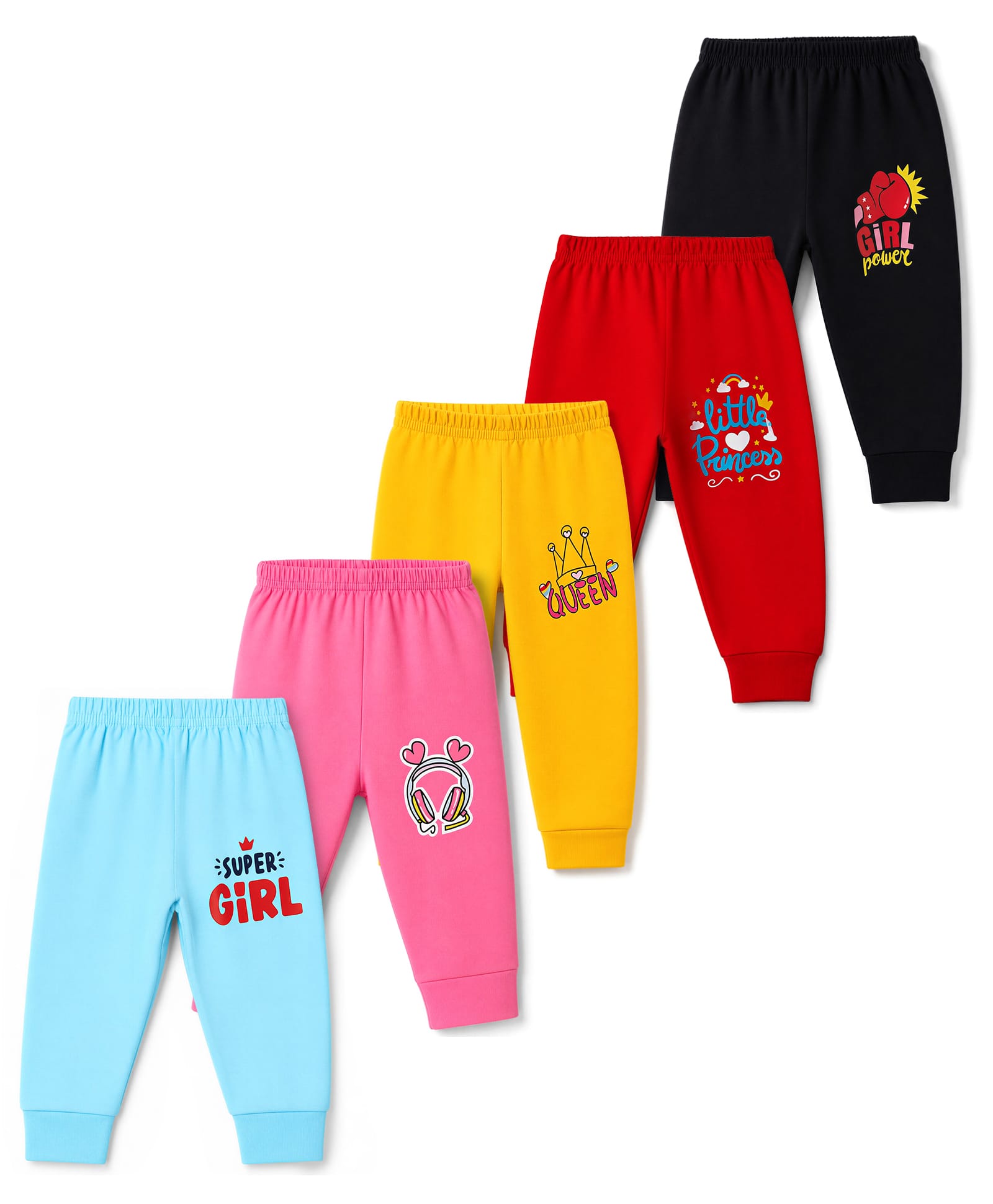 Trampoline Cotton Blend Knit Full Length Girl Power & Queen Printed Pajamas Pack Of 5 - Light Blue Yellow & Red-picture-18