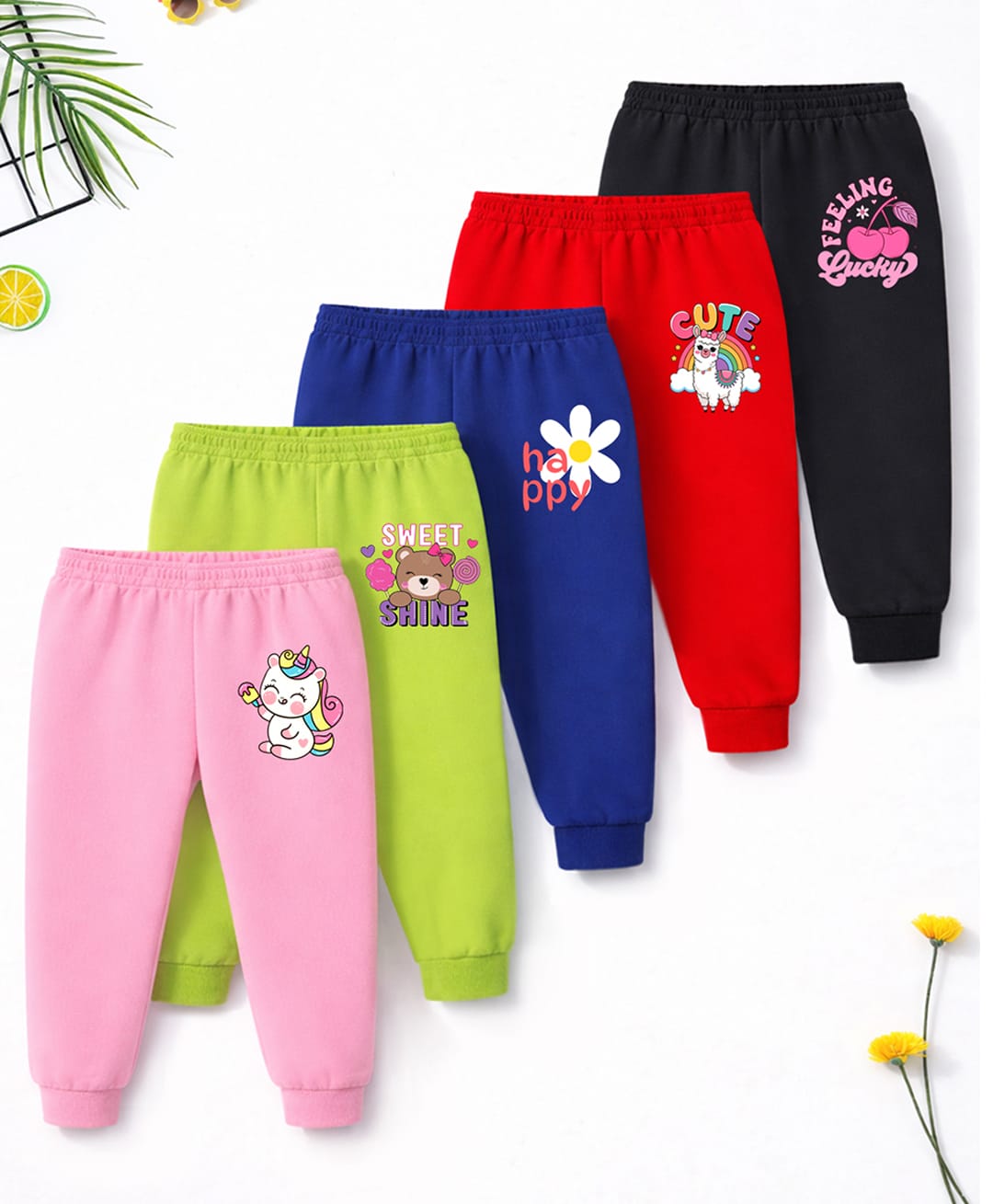 Trampoline Cotton Blend Knit Full Length Unicorn Floral & Text Printed Joggers Pack Of 5 - Red Pink & Blue-image-11