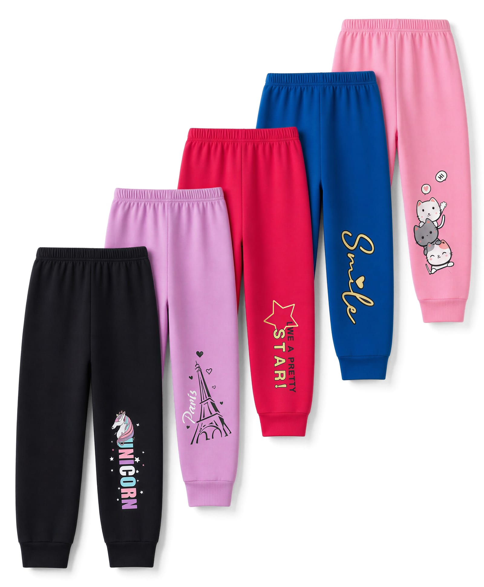 Trampoline Cotton Blend Knit Kitty & Unicorn Printed Pajamas Pack Of 5 - Pink Lilac & Black-image-21