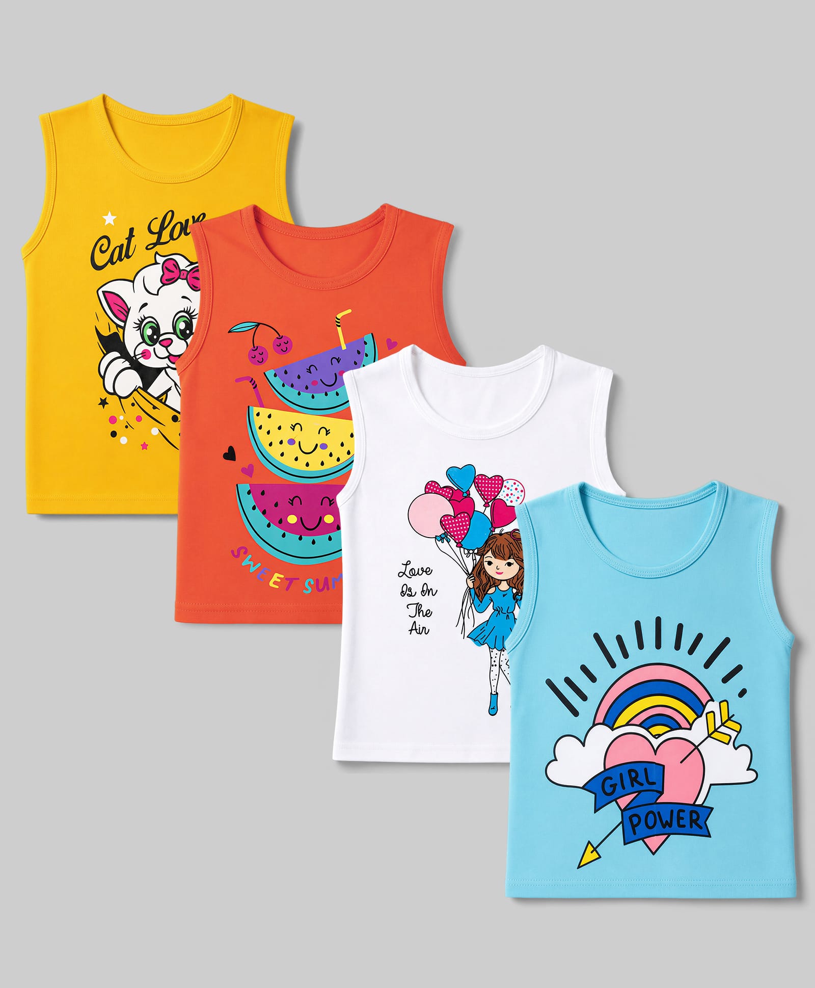 Trampoline Cotton Blend Knit Sleeveless T-Shirts with Heart Kitten & Watermelon Print Pack of 4 - Pink Yellow White & Blue-picture-23