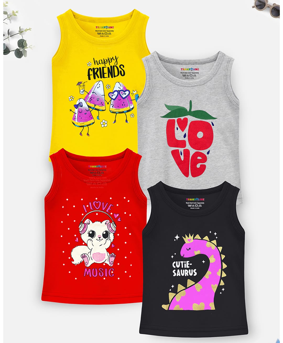Trampoline Cotton Blend Knit Sleeveless T- Shirts with Love Music & Happy Friend Print Pack Of 4 - Yellow, Grey, Red & Black-image-15
