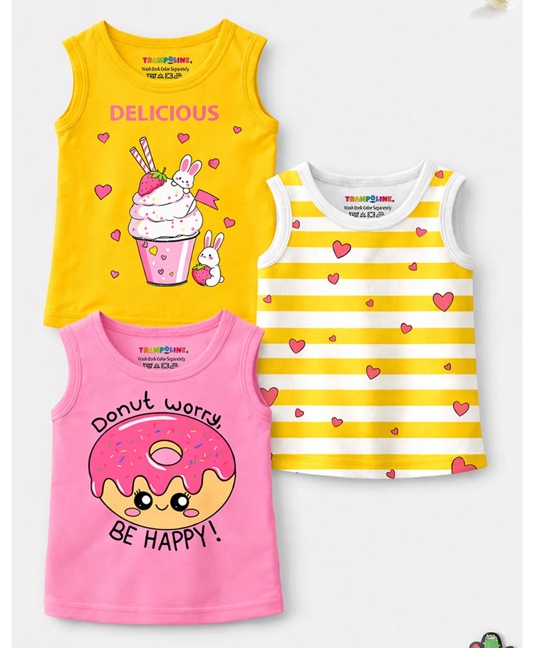 Trampoline Cotton Blend Knit Sleeveless T-Shirts with Hearts, Donut & Ice-Cream Print Pack of 3 - Yellow, White & Pink-picture-13