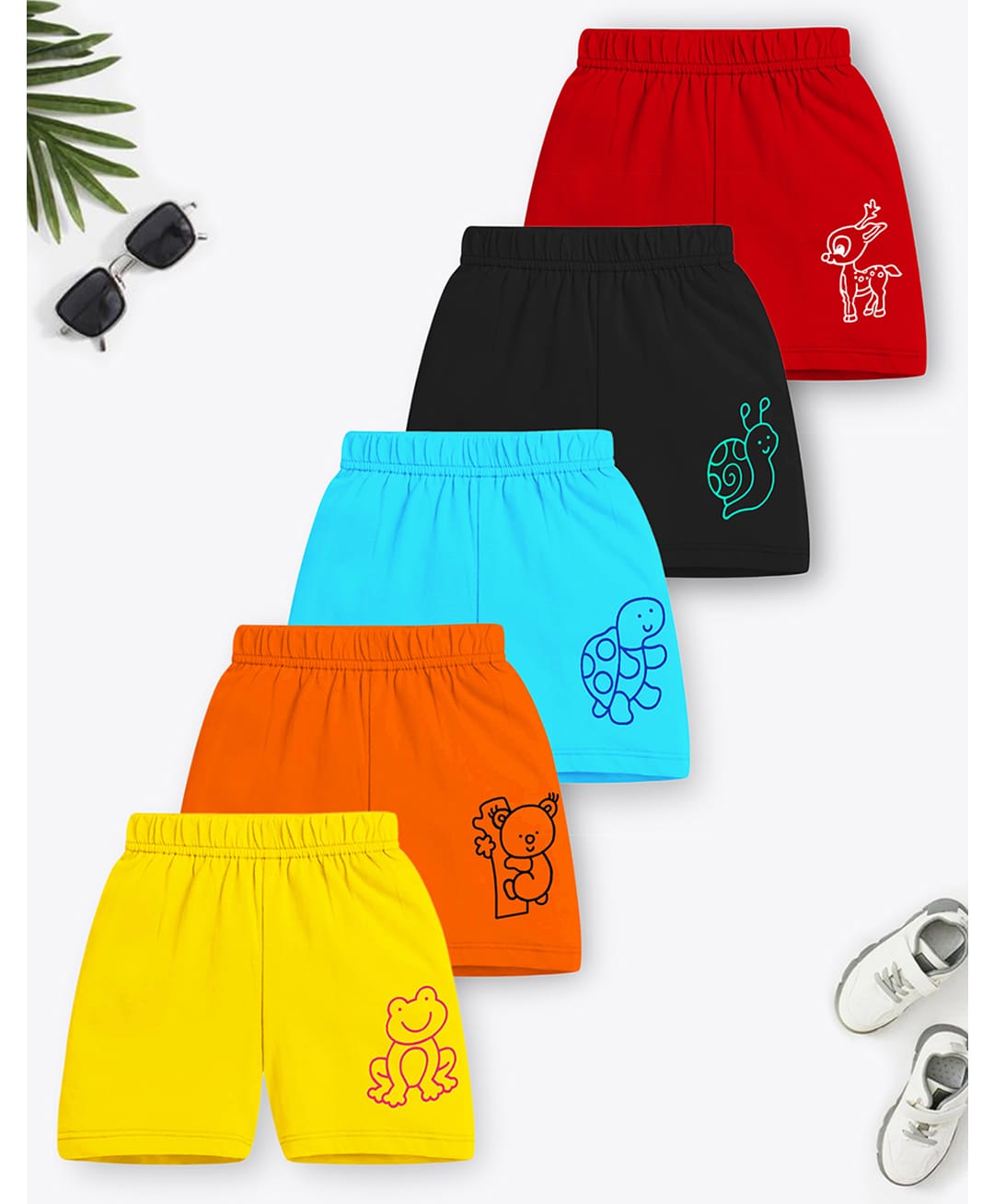 Trampoline Cotton Blend Knit Shorts With Animals & Snail Print Pack Of 5 - Red Black & Yellow-image-42
