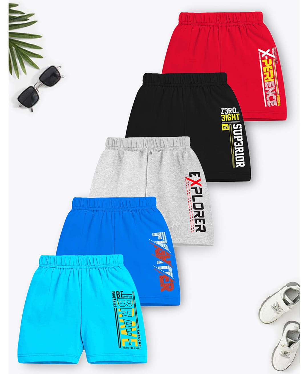 Trampoline Cotton Blend Knit Shorts With Typography Print Pack Of 5 - Red Light Blue & Black-image-13