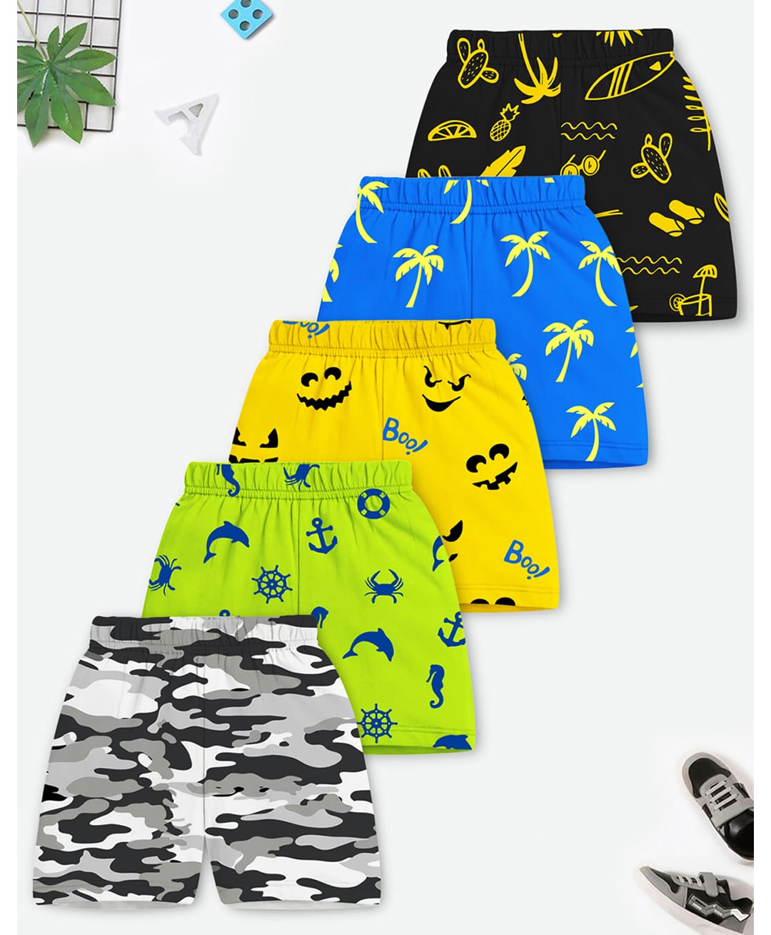 Trampoline Cotton Blend Knit Camouflage Sea Life & Beach Theme Printed Shorts Pack Of 5 - Blue Yellow & Black-image-15