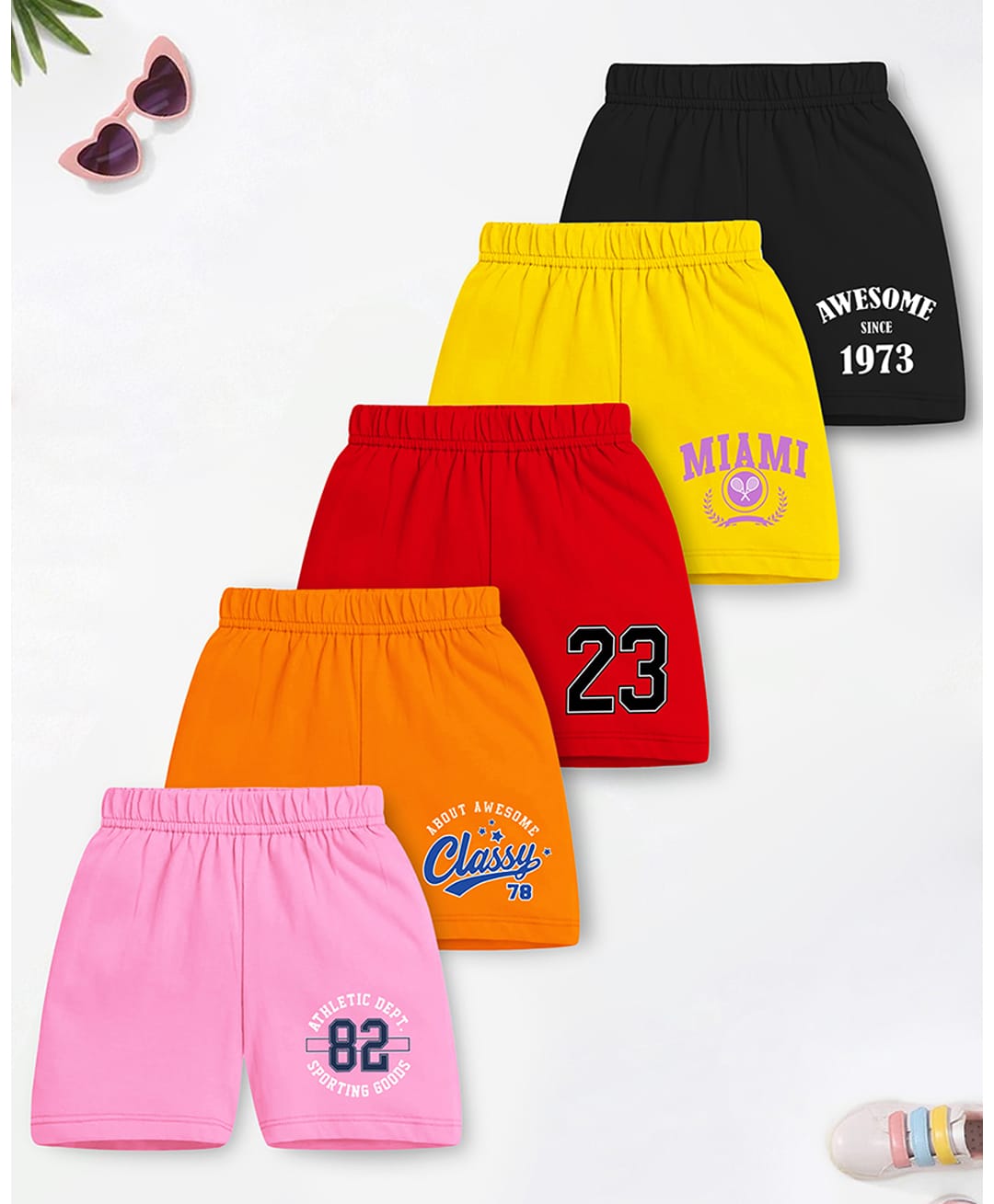 Trampoline Cotton Blend Knit Shorts With Miami & Number Prints Pack Of 5 - Red Yellow & Orange-image-39