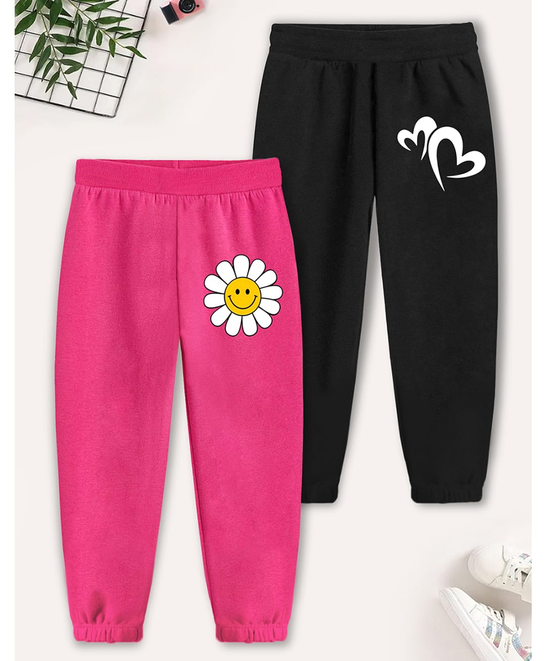 Trampoline Cotton Blend Knit Full Length Floral & Hearts Printed Track Pants Pack Of 2 - Black & Dark Pink-image-31