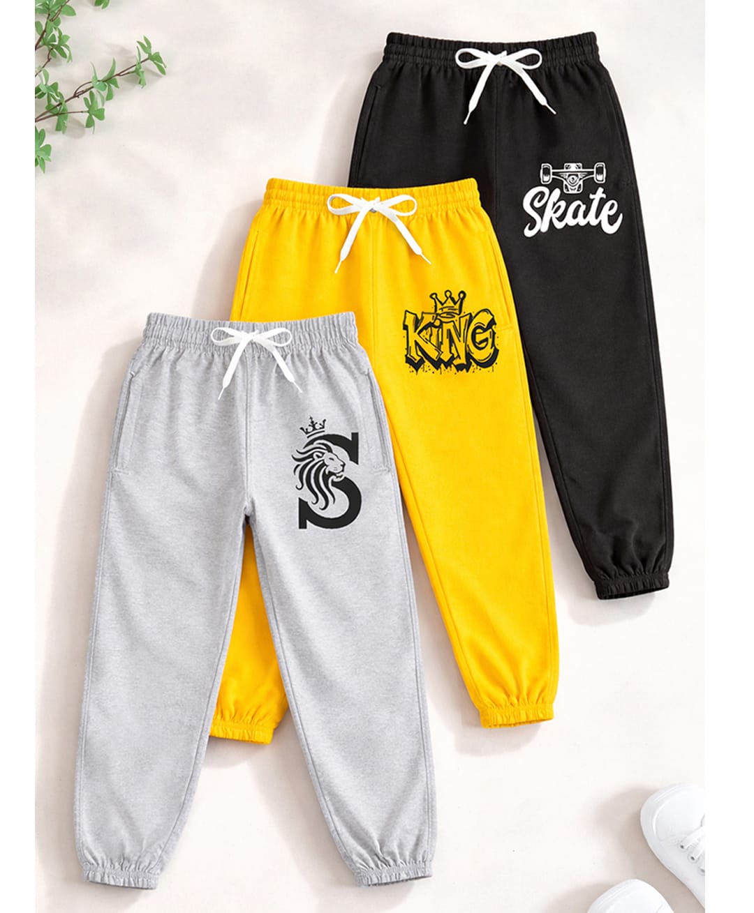 Trampoline Cotton Blend Knit Full Length King & Skate Printed Track Pants Pack Of 3 - Yellow Grey & Black-image-36