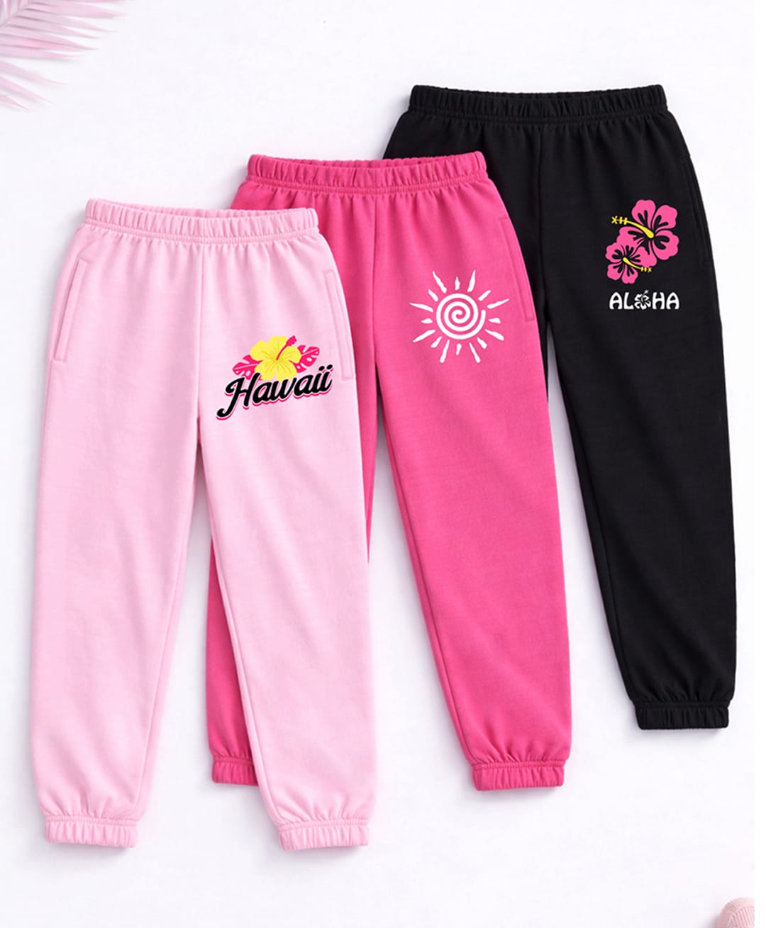 Trampoline Cotton Blend Knit Full Length Hawaii & Aloha Printed Lounge Pants Pack Of 3 - Pink & Black-picture-11