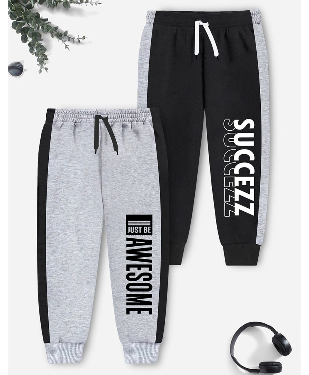 Trampoline Cotton Blend Knit Full Length Succezz & Awesome Printed Track Pants Pack Of 2 - Black & Grey-image-44