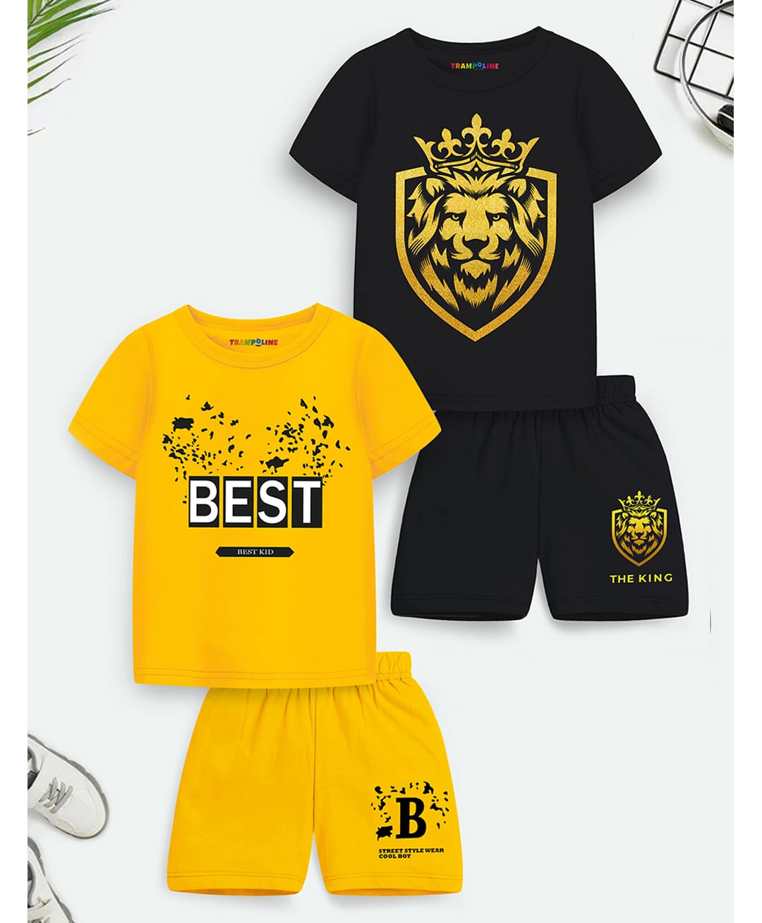 Trampoline Knit Half Sleeves Text & Lion Printed T-Shirt With Shorts Set Pack Of 2 - Yellow & Black-image-5