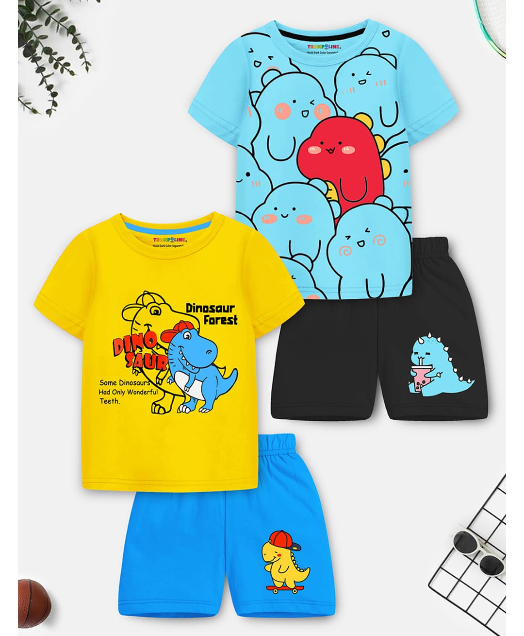 Trampoline Knit Half Sleeves Dino Printed T-Shirt & Shorts Set Pack of 2 - Yellow & Aqua-image-18