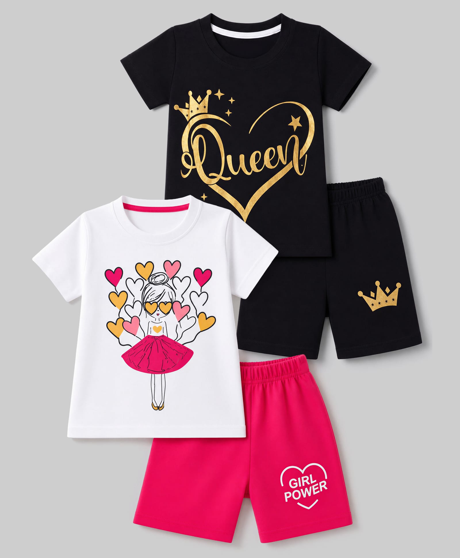 Trampoline Knit Half Sleeves Text & Hearts Printed T-Shirt & Shorts Set Pack of 2 - White & Black-image-25