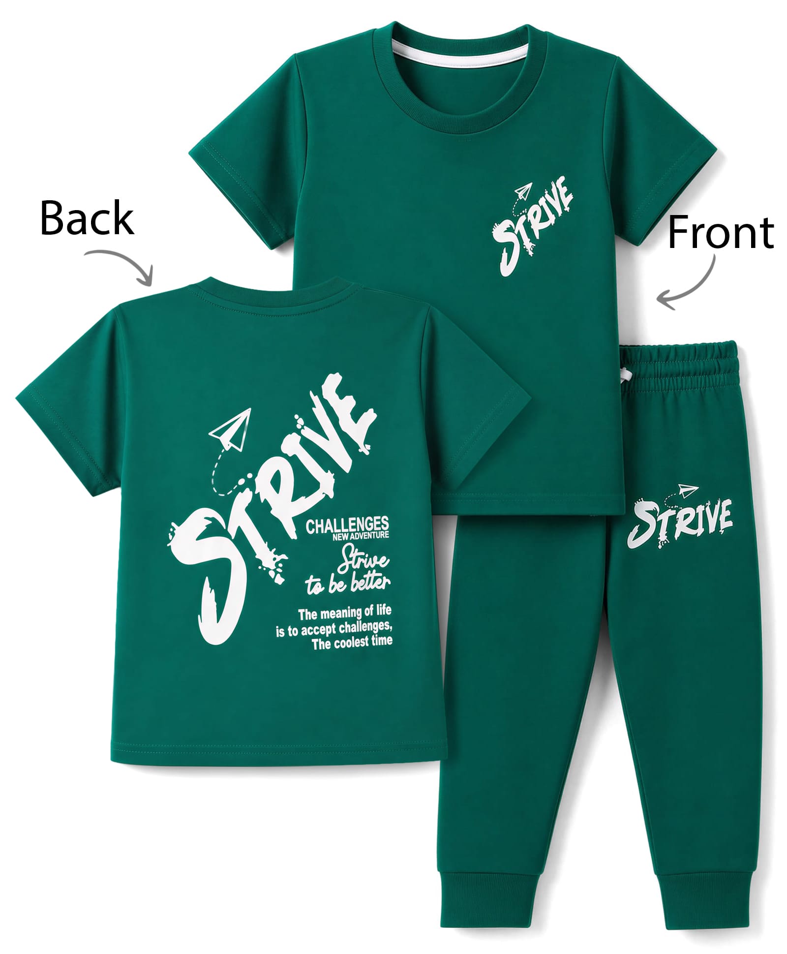 Trampoline Knit Half Sleeves Front & Back Strive Printed T-Shirt & Track Pants Set - Green-image-46
