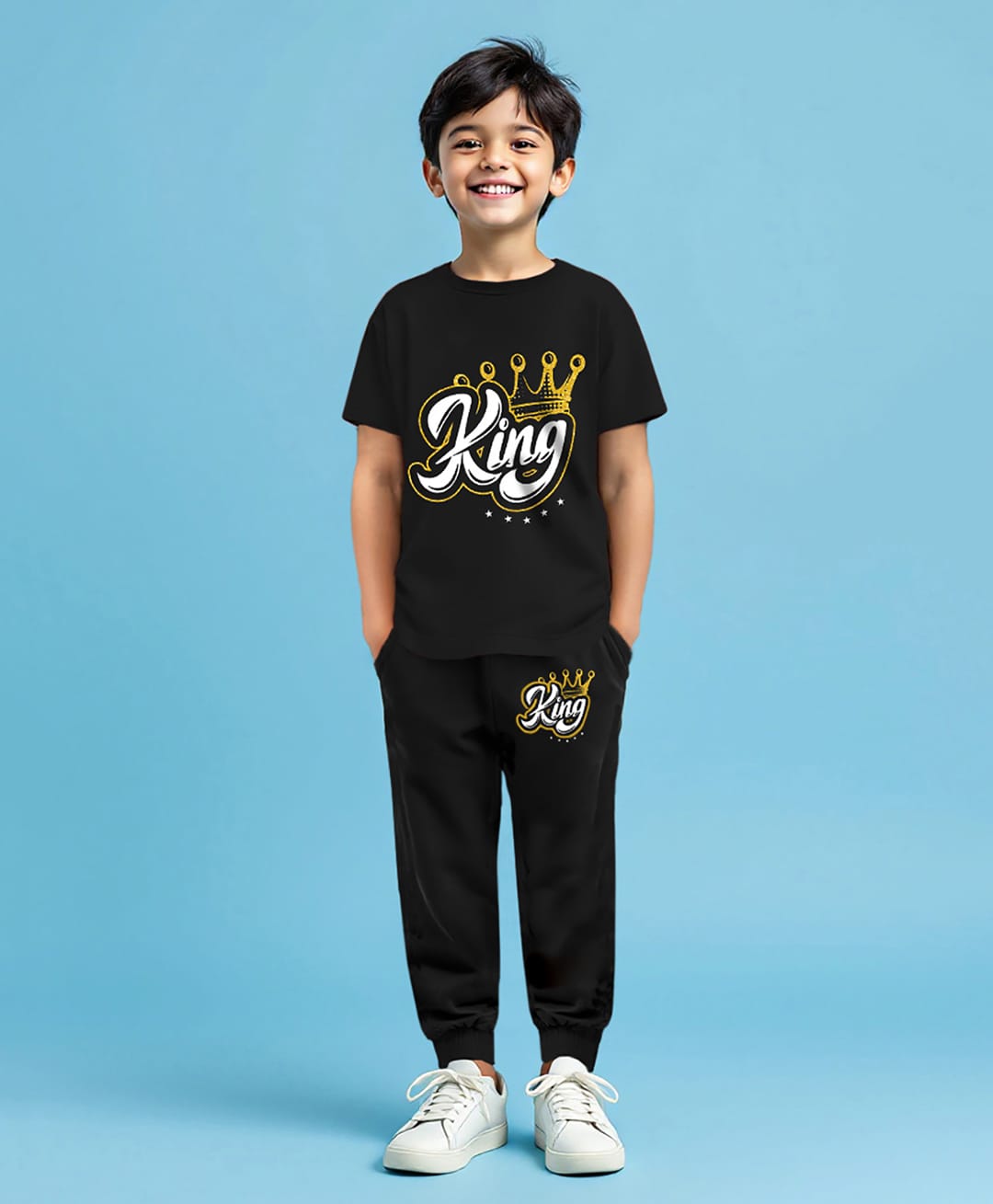 Trampoline Knit Half Sleeves King Printed T-Shirt & Track Pants Set - Black-image-38