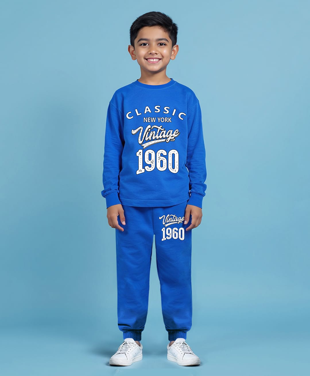 Trampoline Knit Full Sleeves Text Printed T-Shirt & Track Pants Set - Blue-image-1
