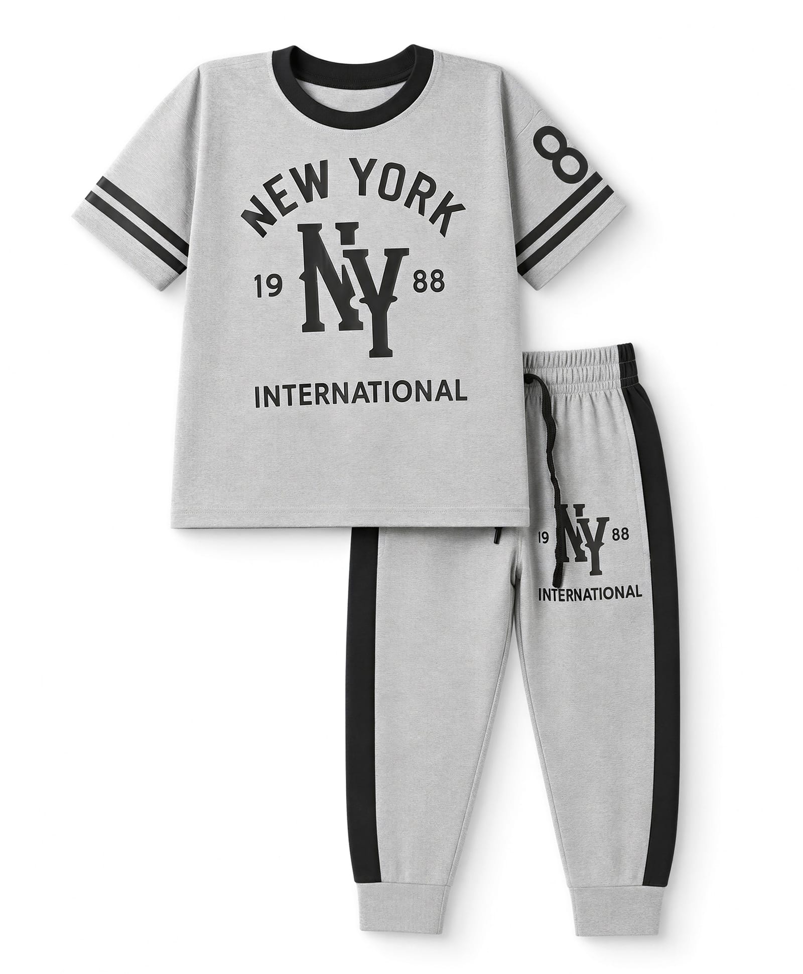Trampoline Cotton Blend Knit Half Sleeves New York Printed Tee & Joggers Set - Grey-image-2