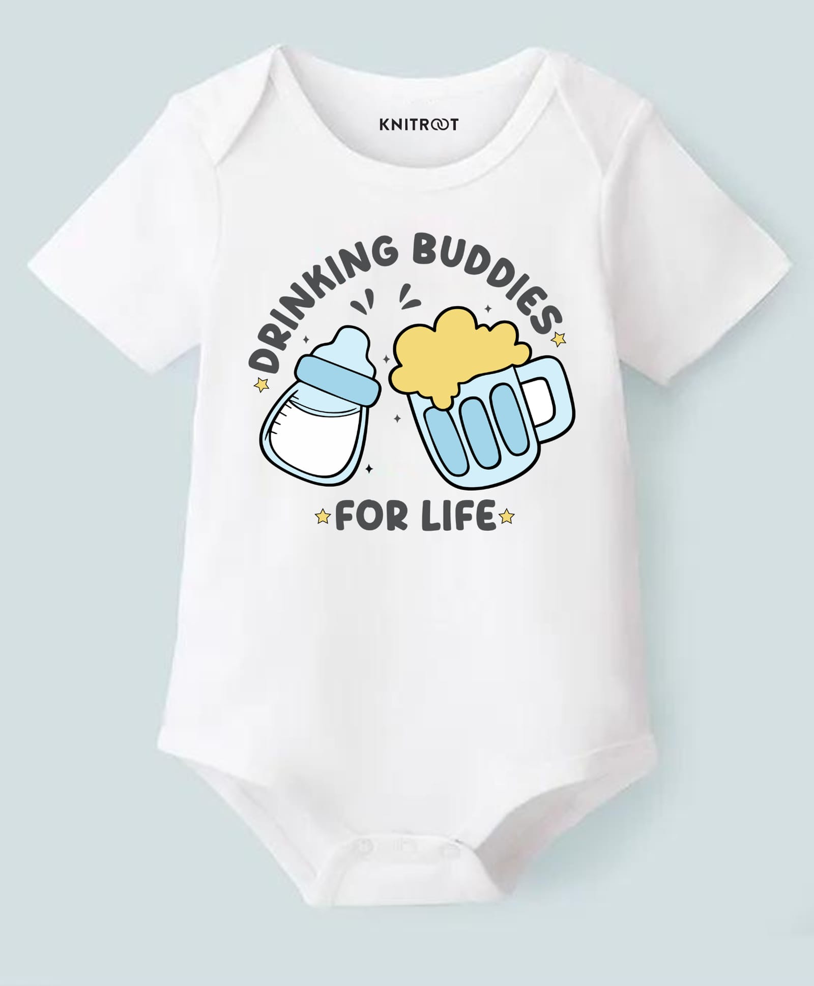 KNITROOT Cotton Lycra Knit Fathers Day Theme Half Sleeves Drinking Buddies For Life Text Printed Onesie - White-image-45