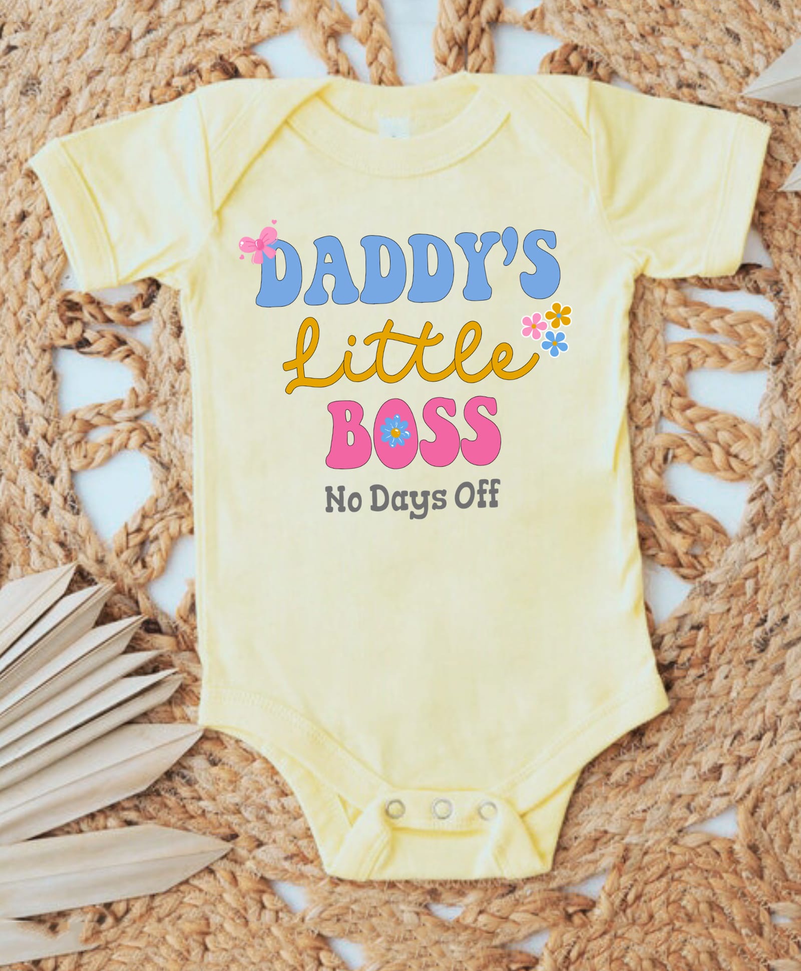KNITROOT Cotton Lycra Knit Fathers Day Theme Half Sleeves Daddys Little Boss No Days Off Text Printed Onesie - Yellow-picture-10