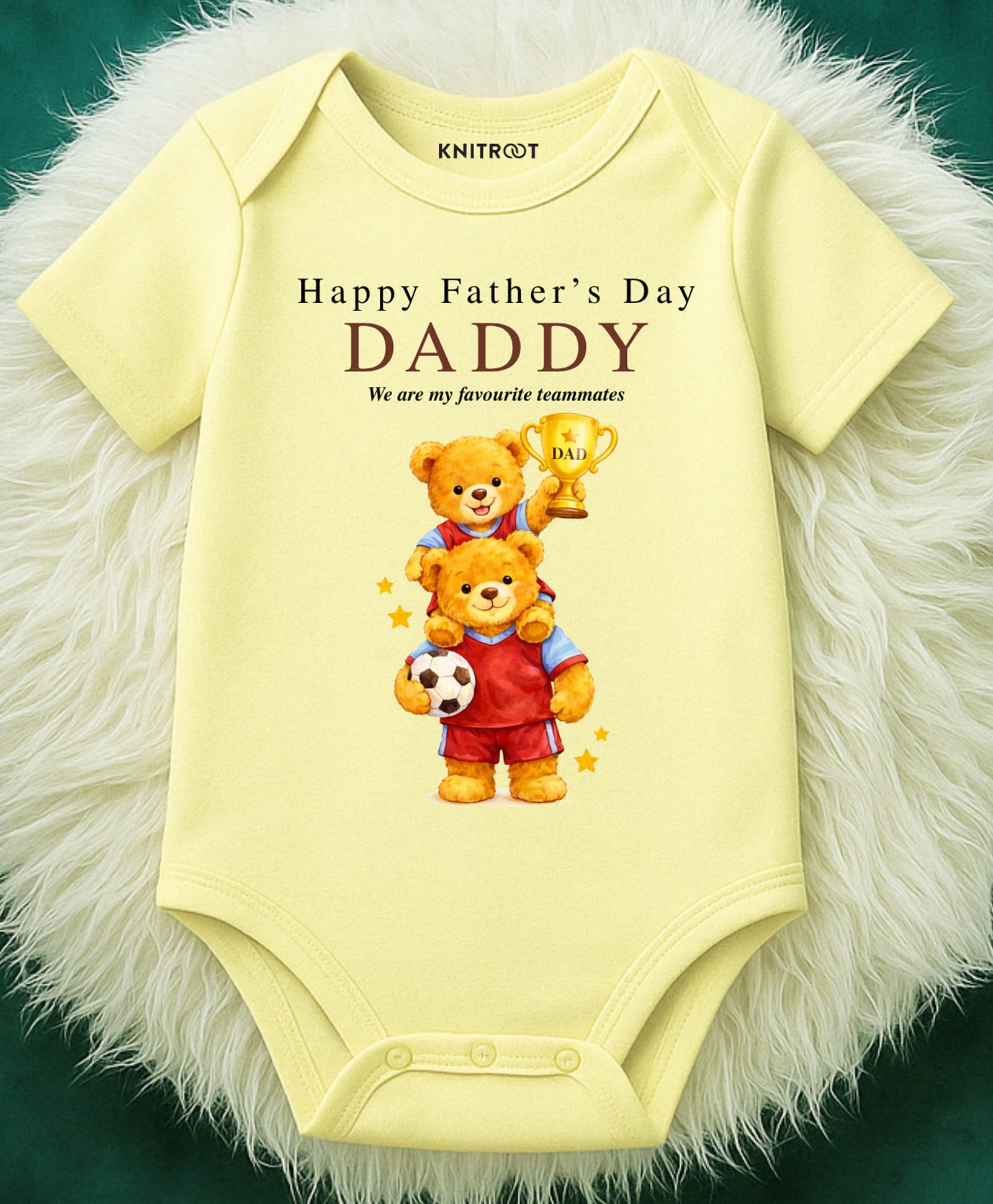KNITROOT Cotton Lycra Knit Fathers Day Theme Half Sleeves Happy Fathers Day Daddy We Are My Favourite Teammates Text Printed Onesie - Yellow-picture-13